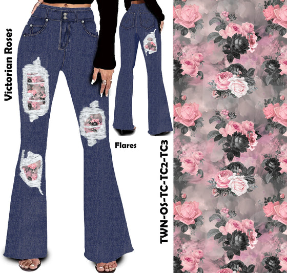 Victorian Roses Peek A Boo Faux Denim Yoga Flares with Pockets