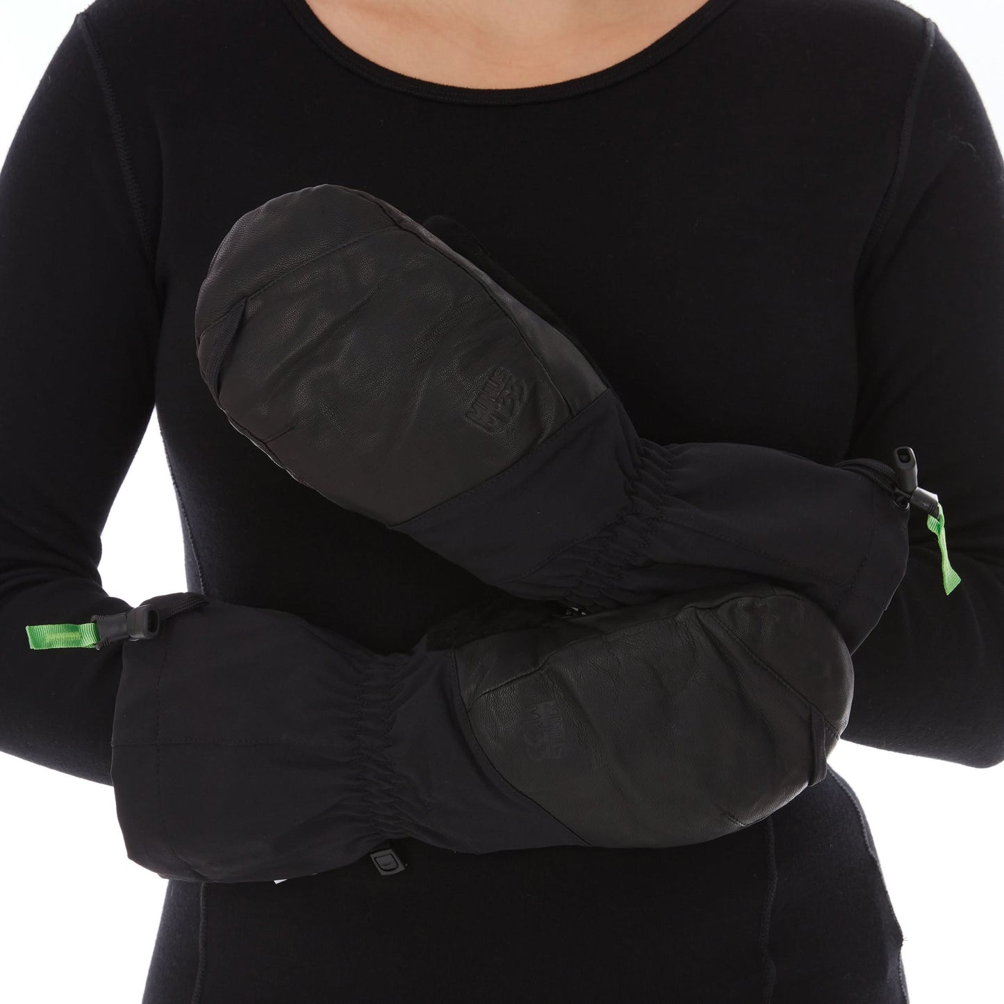 Black waterproof wool ski mittens with leather palms and cinch straps