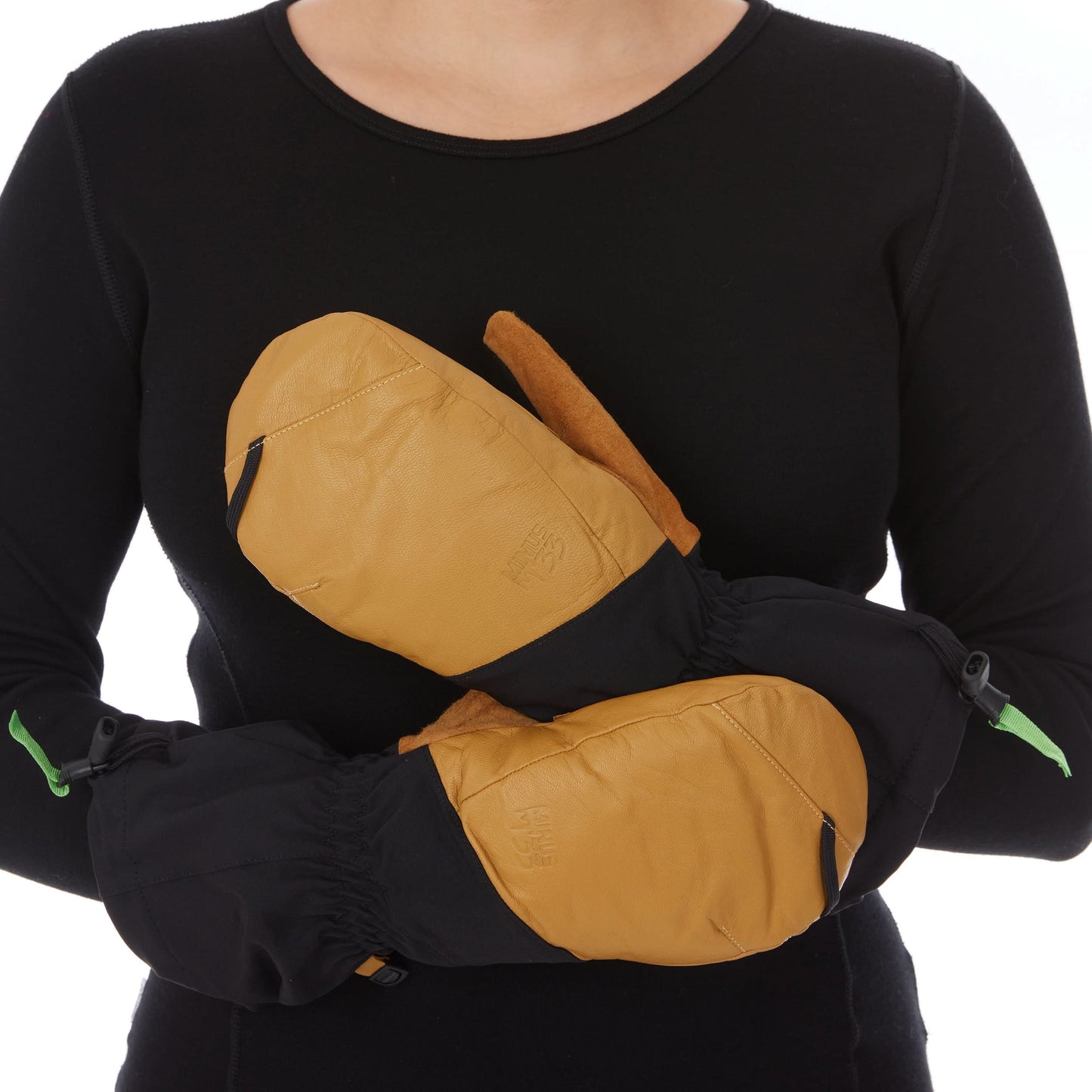 Black waterproof wool ski mittens with leather palms and cinch straps