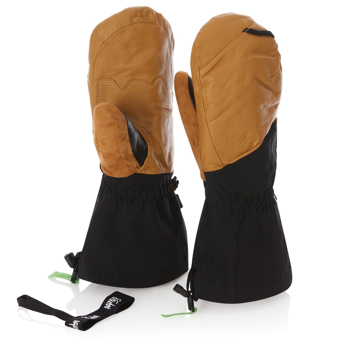 Black waterproof wool ski mittens with leather palms and cinch straps