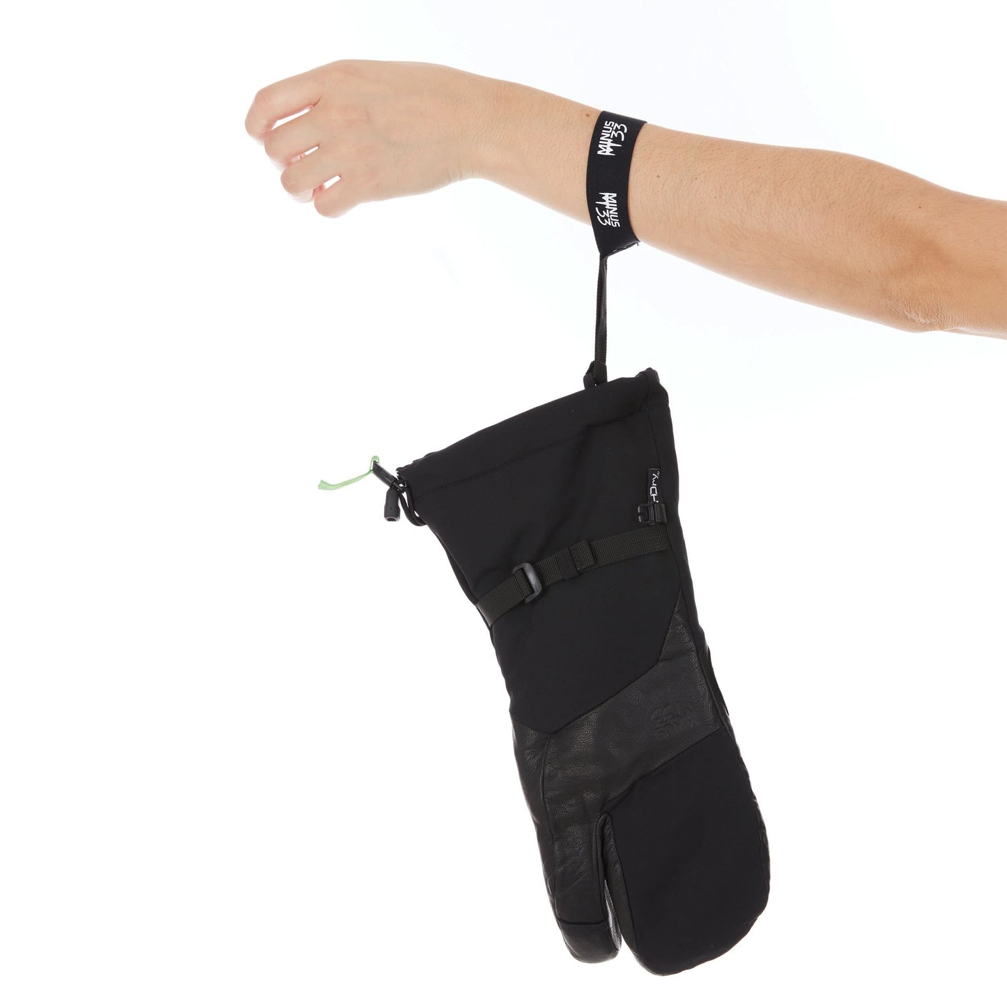 Three Finger Guide Mitten in black with leather palm and wool lining