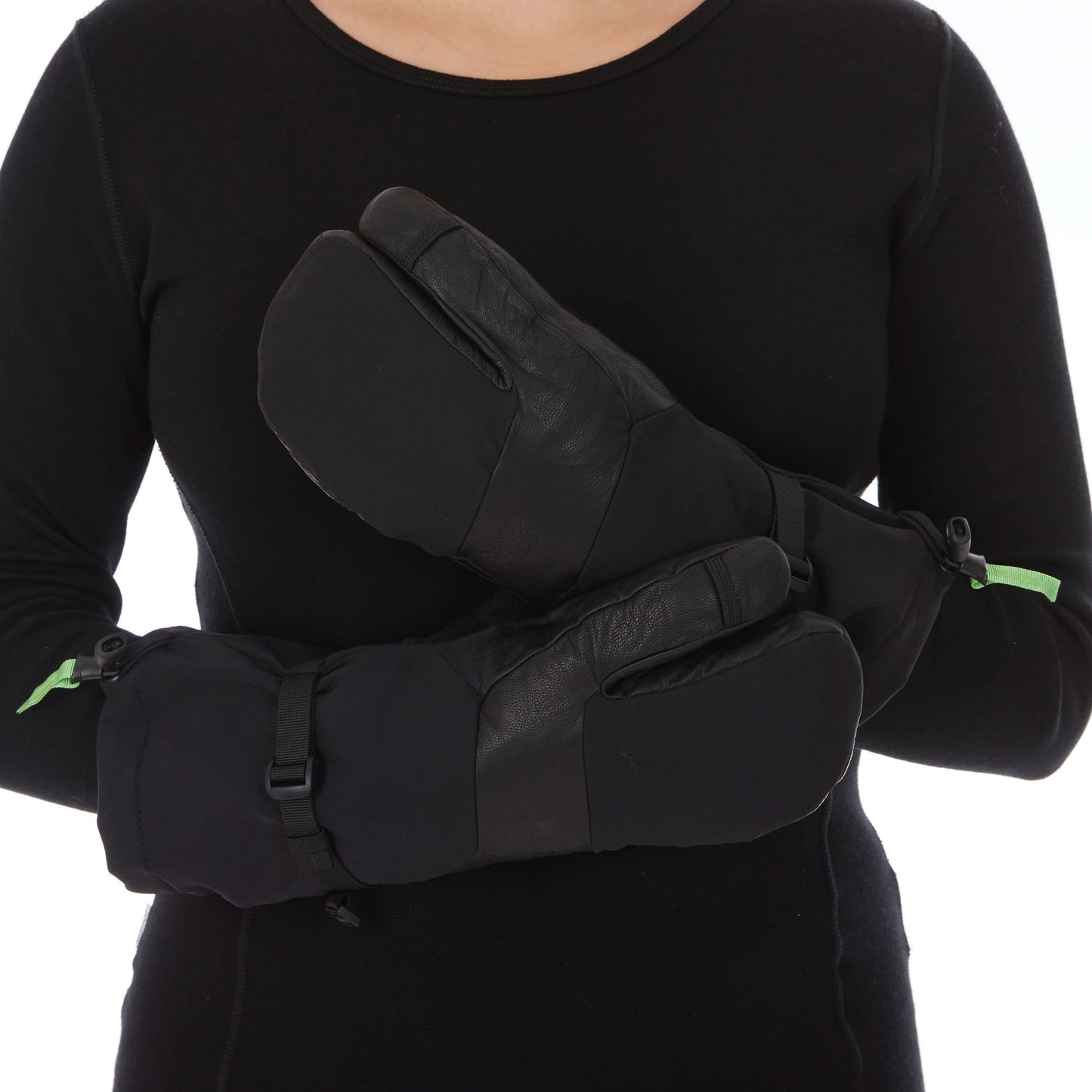 Three Finger Guide Mitten in black with leather palm and wool lining