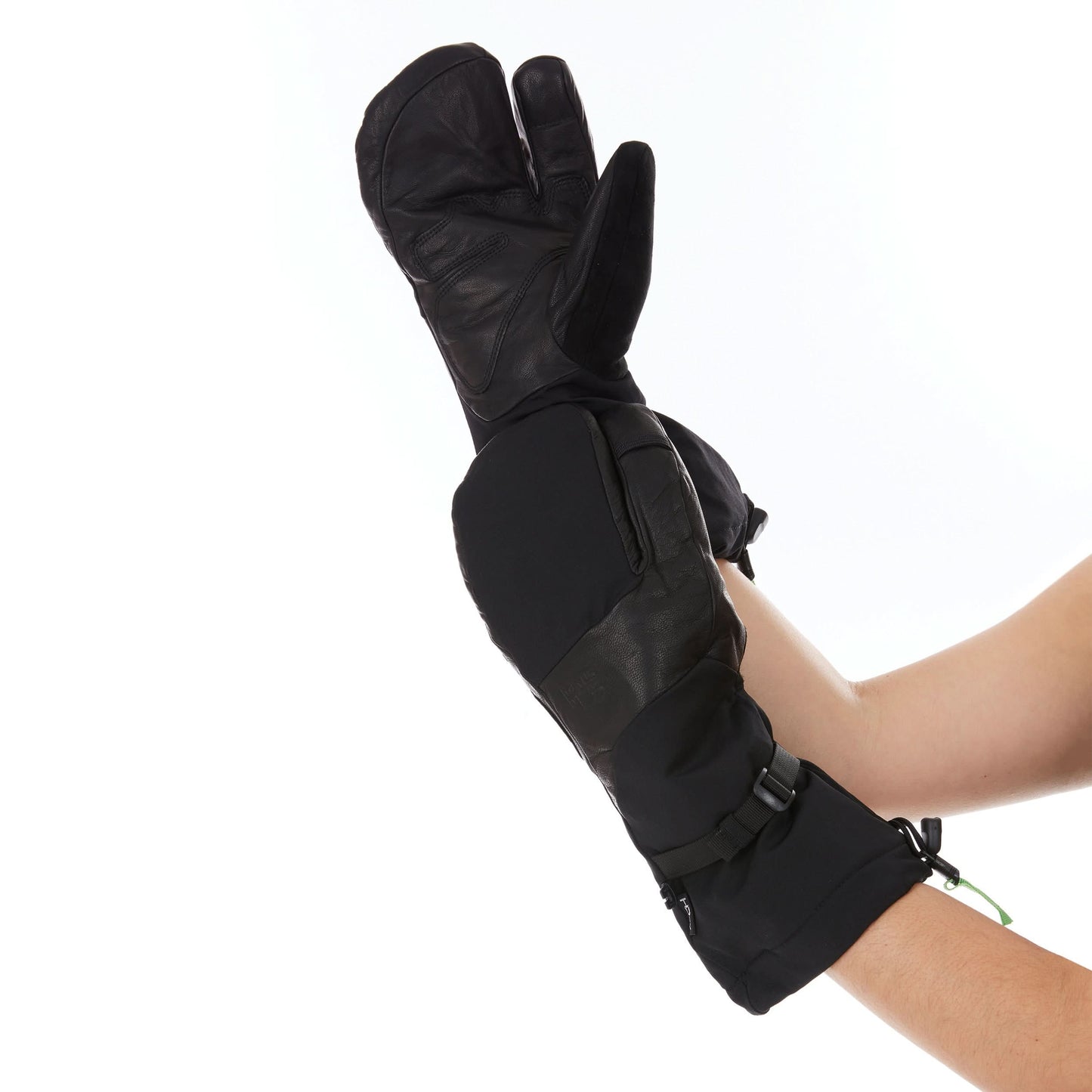 Three Finger Guide Mitten in black with leather palm and wool lining