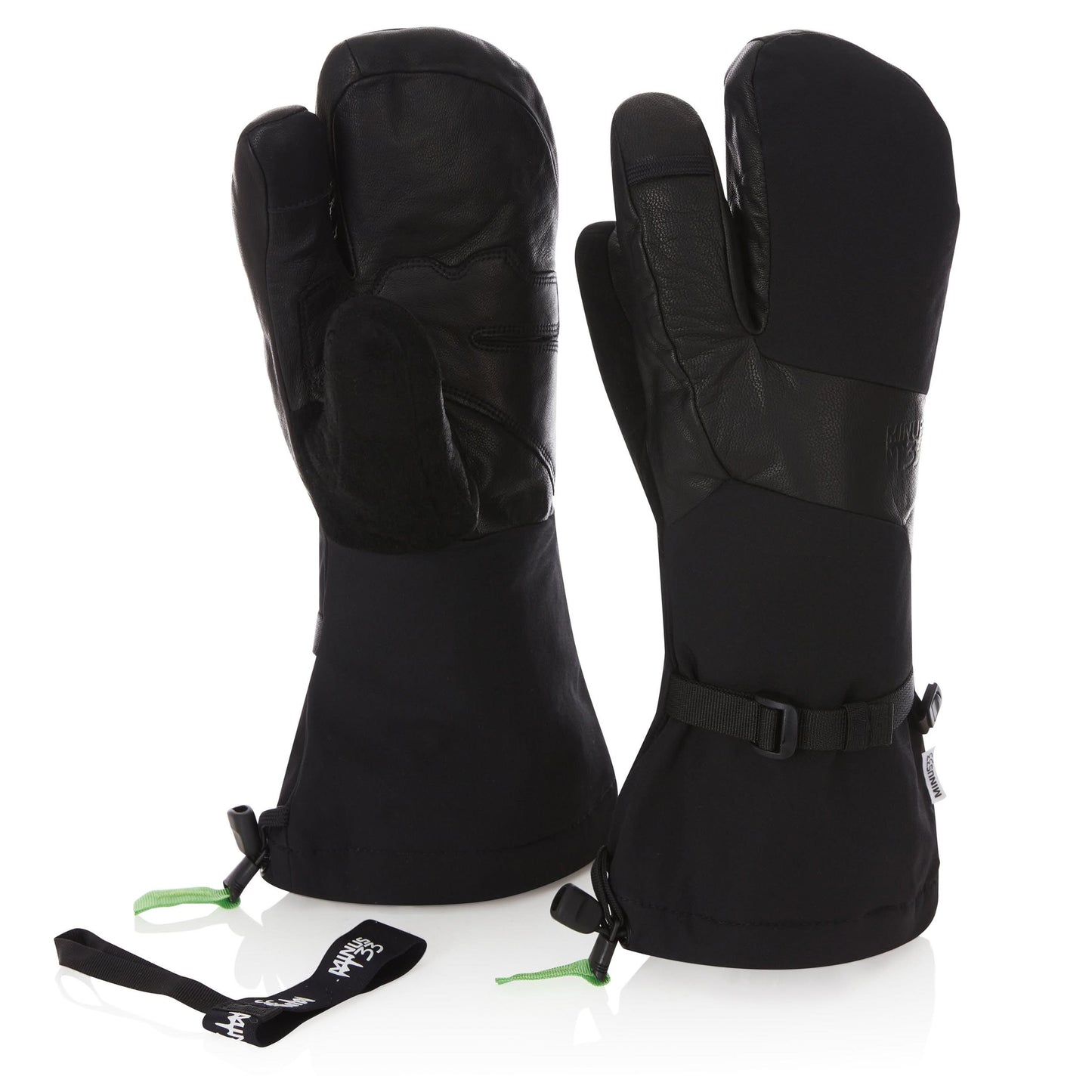Three Finger Guide Mitten in black with leather palm and wool lining