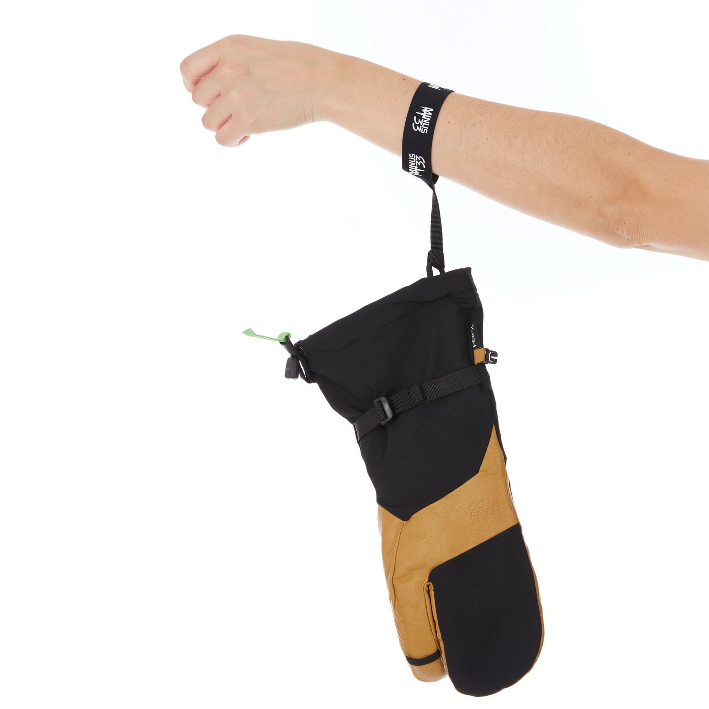 Three Finger Guide Mitten in black with leather palm and wool lining