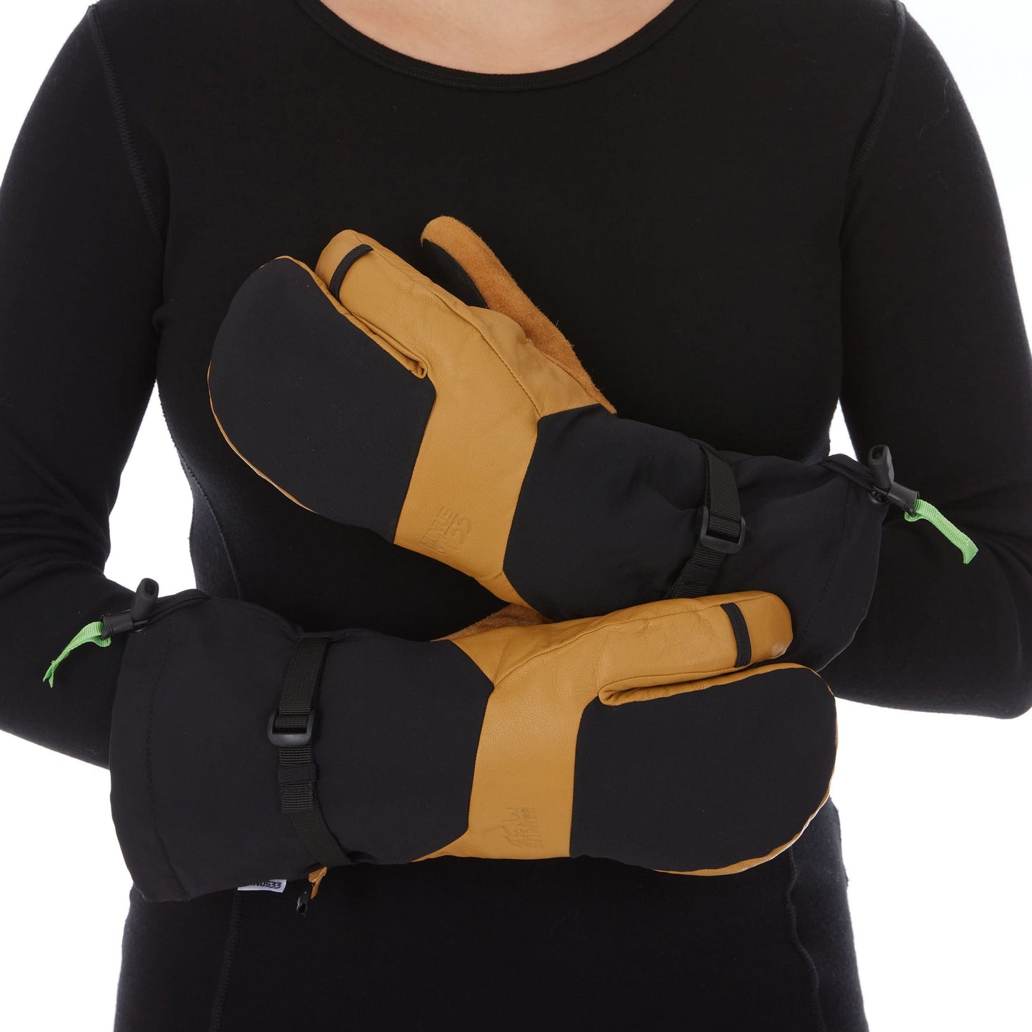 Minus33 Three Finger Guide Mitten in black and brown showcased on a model's hands, designed for extreme cold weather.