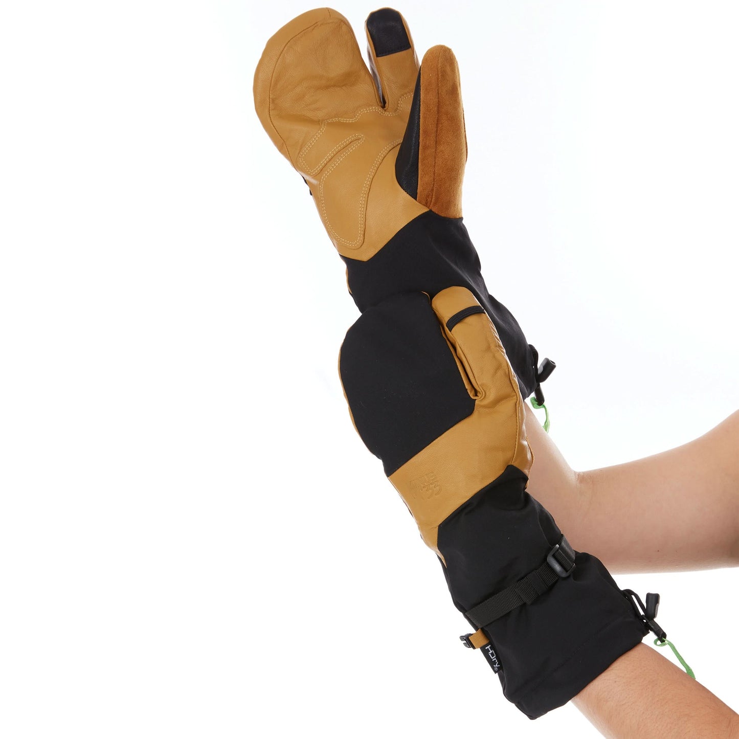 Three Finger Guide Mitten in black with leather palm and wool lining