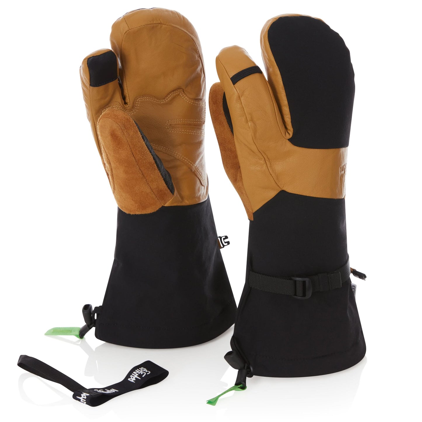Three Finger Guide Mitten in black with leather palm and wool lining