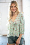 mint crepe seersucker floral knotted woven blouse