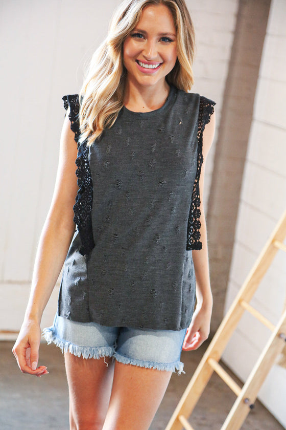Charcoal Distressed Sleeveless Crochet Lace Top