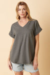 Mittoshop Full Size V-Neck Rolled Short Sleeve T-Shirt